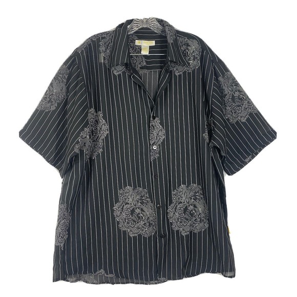 MECCA GOLD Men's Button Down Short Sleeve Shirt XL Striped Floral Lace - Picture 1 of 10